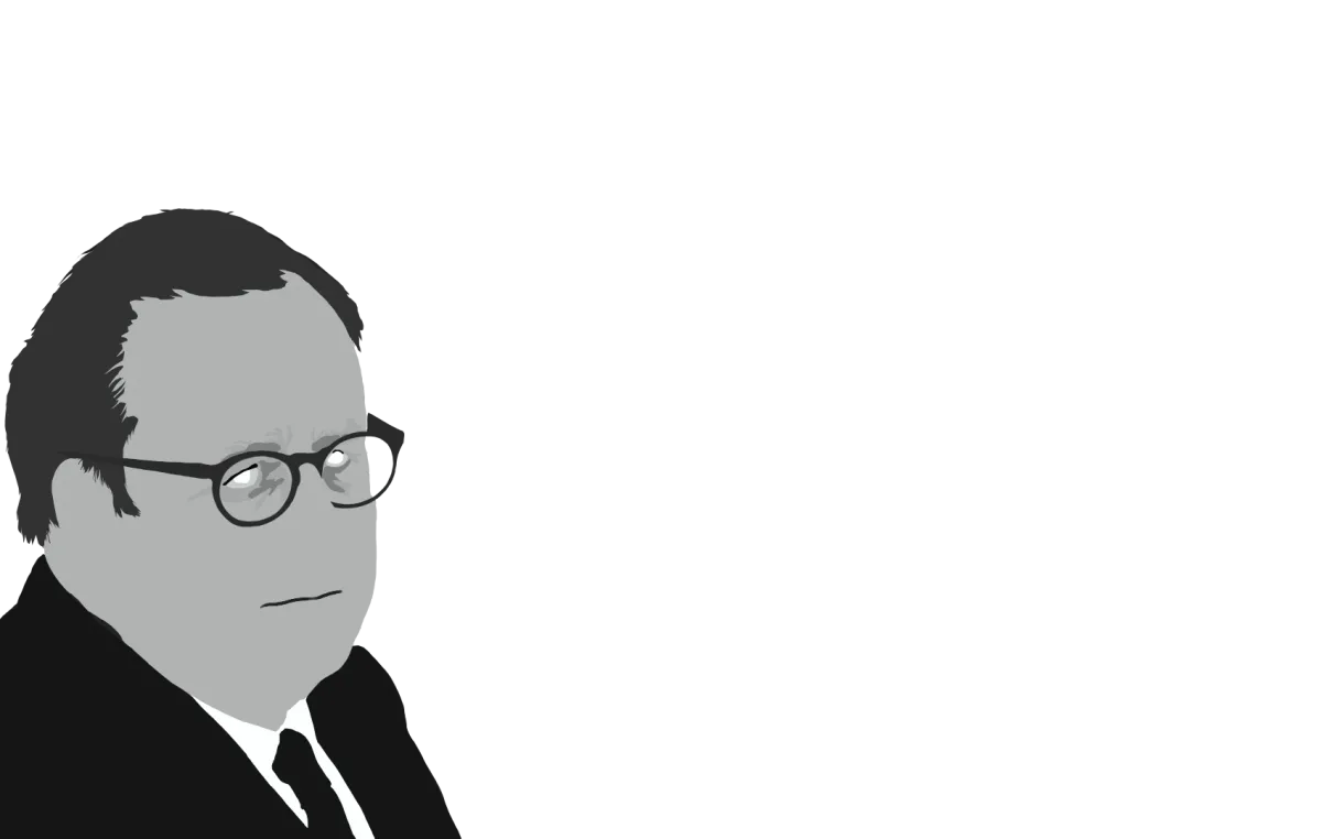 Illustration stylisée d’un homme portant des lunettes et un costume, tourné de profil, avec une expression neutre.