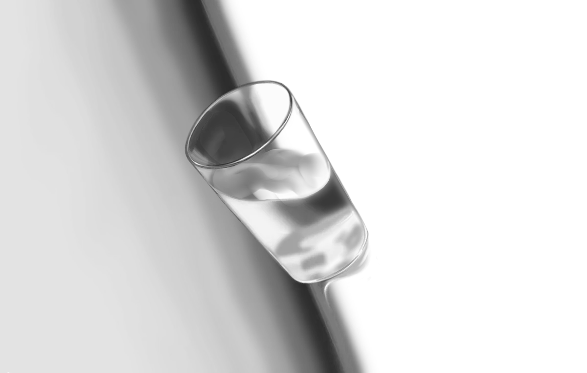 Glass of water half full, tilted, creating an impression of imbalance.