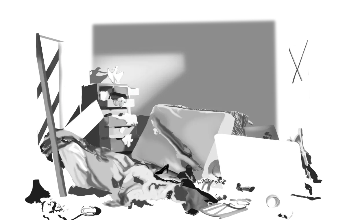 Scene of disorder with scattered objects, including clothes and a computer, suggesting creative chaos.