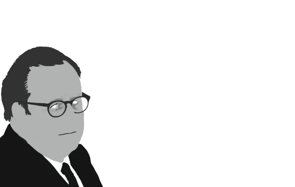 Stylized illustration of a man wearing glasses and a suit, shown in profile, with a neutral expression.