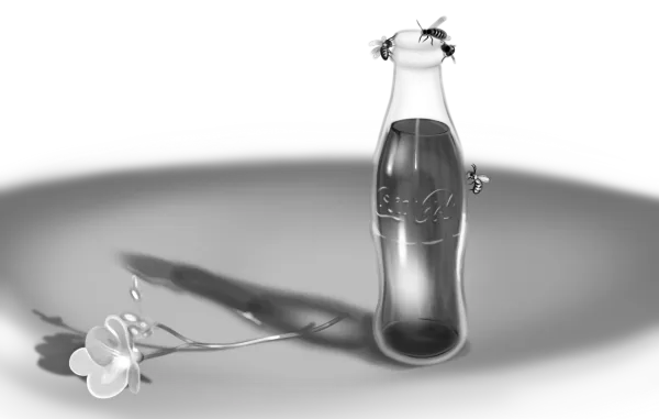 A soda bottle surrounded by wasps, with a fallen flower next to it, casting a shadow on the ground.